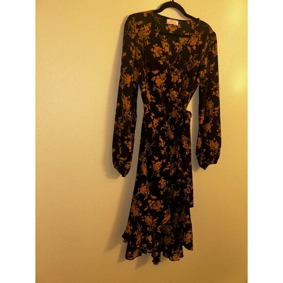 C+D+M Boho Preppy Professional Old Money Black & Gold Floral Wrap Dress - Picture 5 of 14
